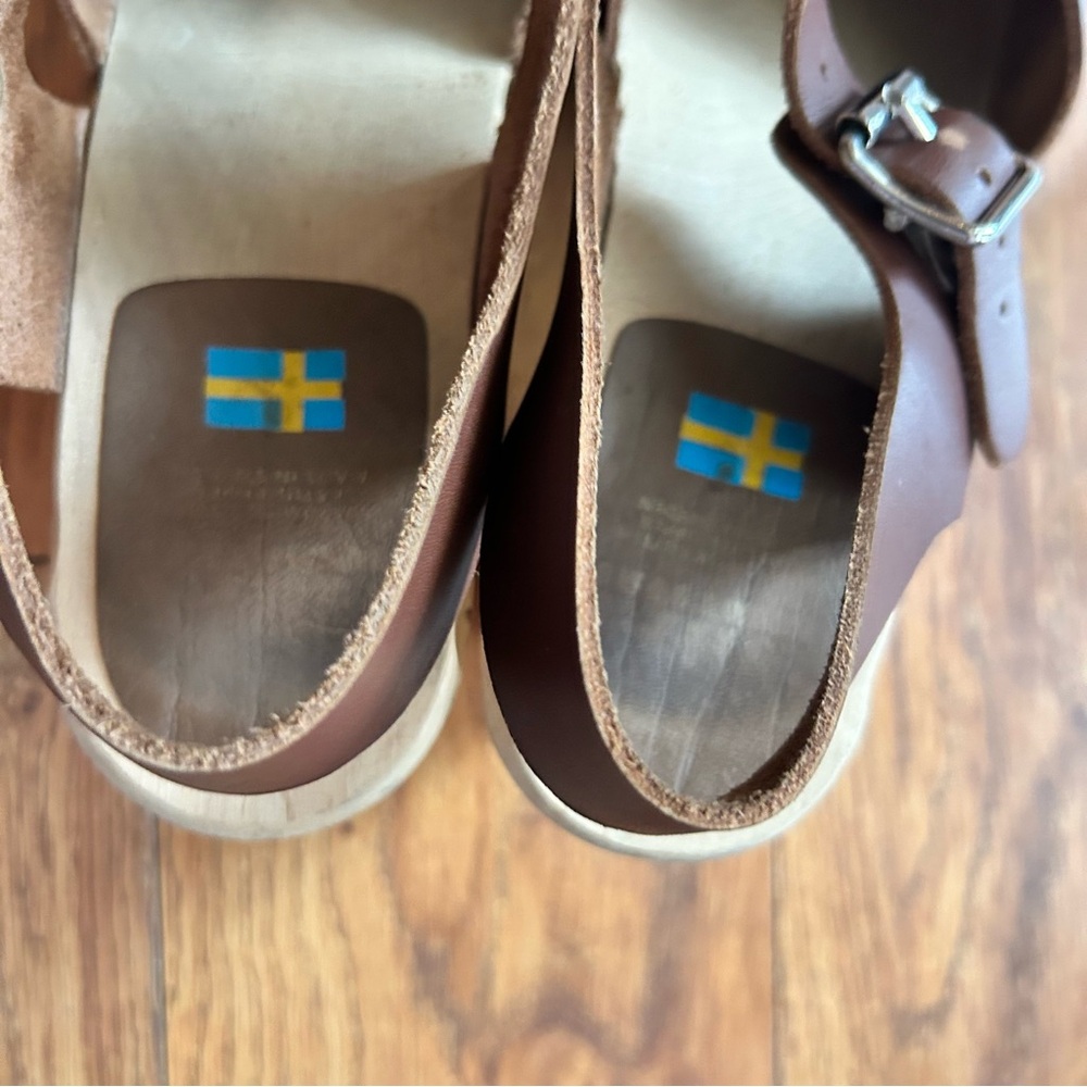MIA Brown Leather Clog Heels with Natural Wood Platform - Picture 11 of 12